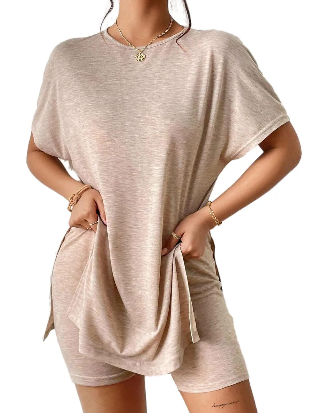 Slit Round Neck Short Sleeve Oversized Top and Shorts Set, image 3