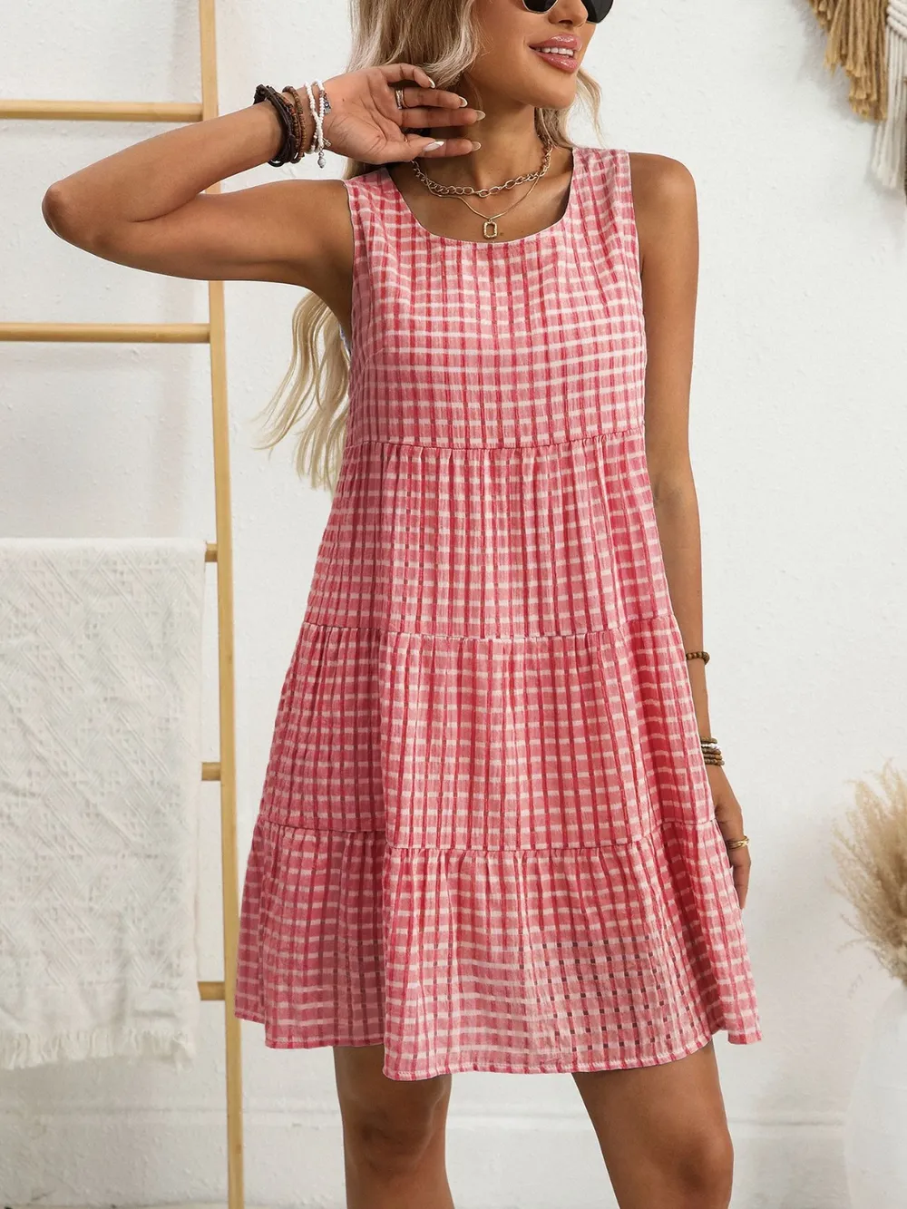 Plaid Round Neck Sleeveless Mini Dress, image 4