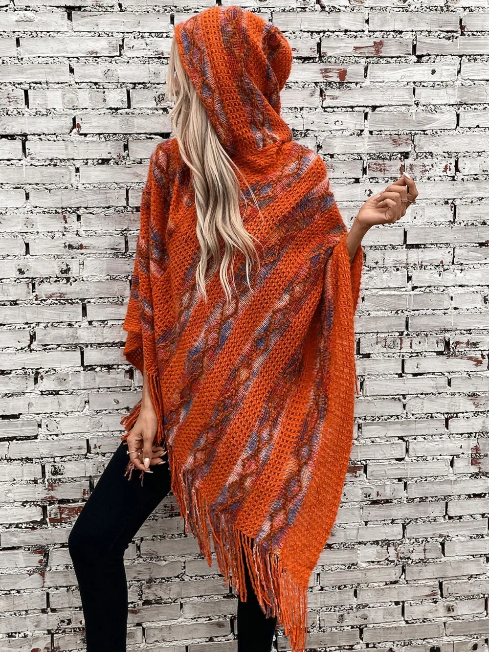 Fringe Contrast Hooded Poncho, image 3