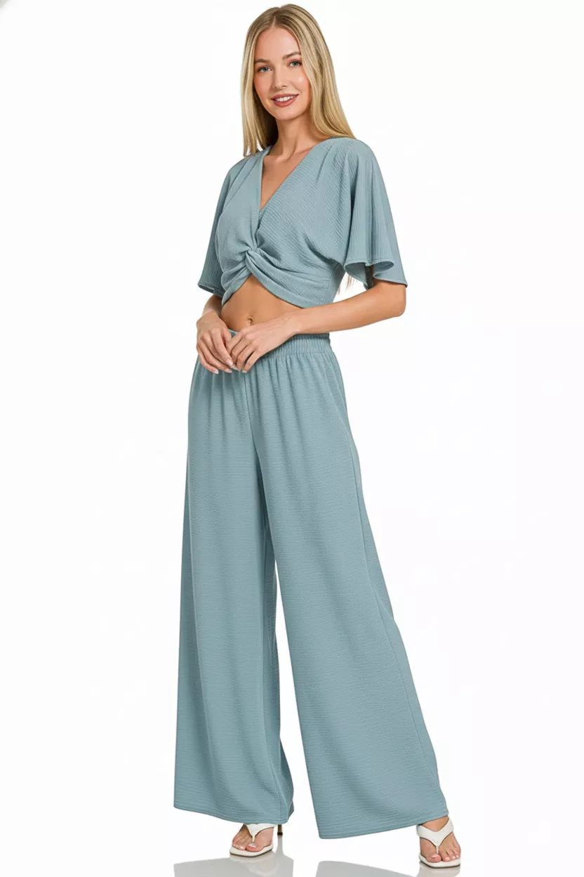 Woven Airflow Twisted Top & Wide Leg Pants Set, image 2