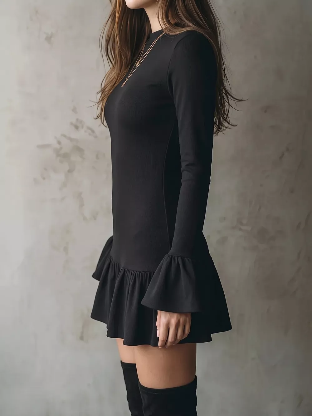 Long-Sleeve Ruffle Hem Mini Dress, image 5