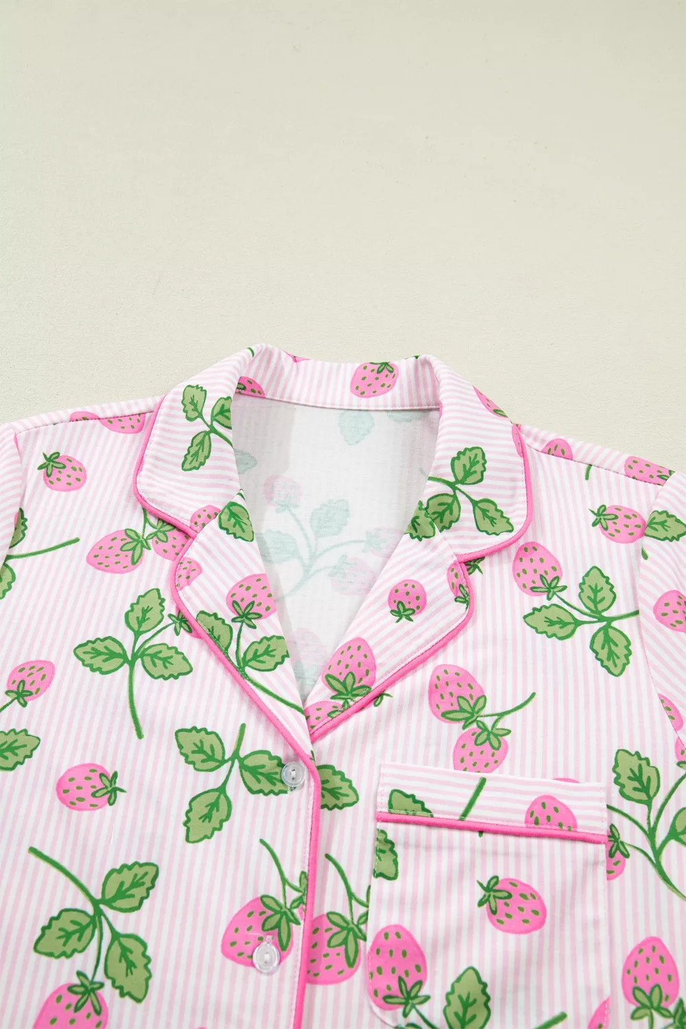 Striped Strawberry Print Lapel Shirt Drawstring Shorts 2pcs Pajama Set, image 5
