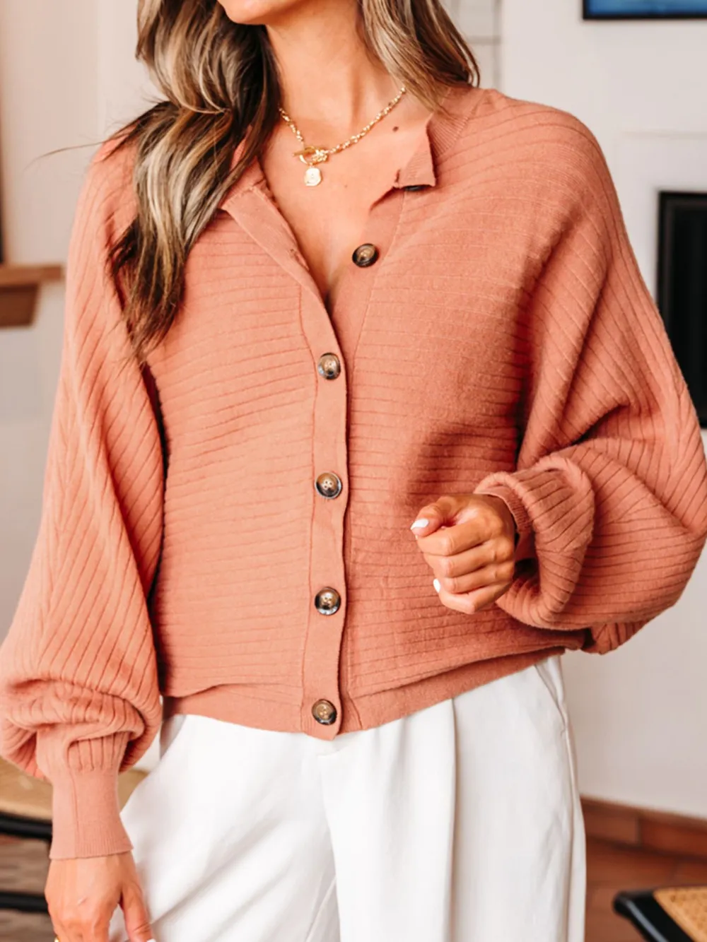 Rib Knit Button Front Dolman Sleeve Sweater Cardigan, image 3