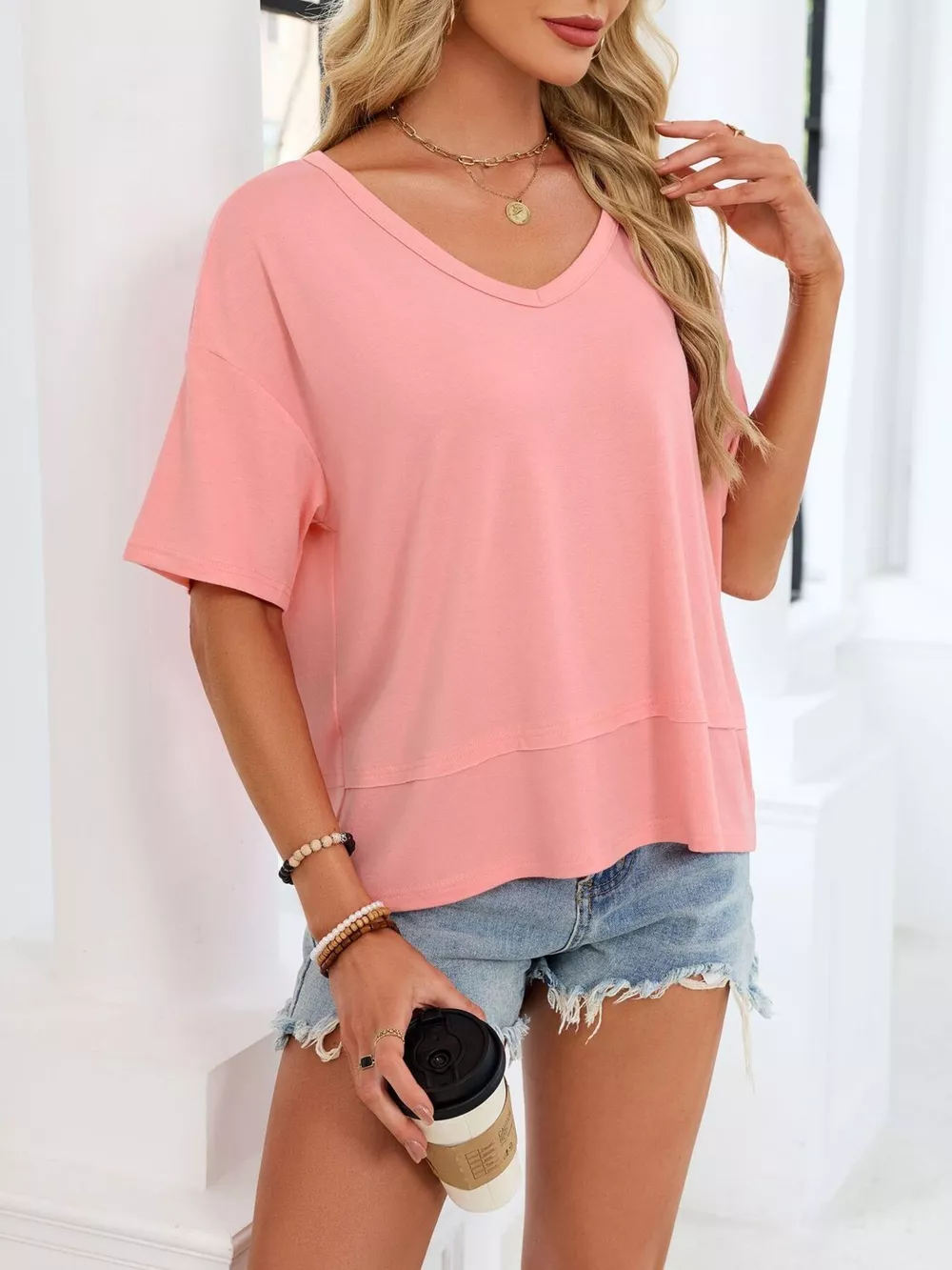 V-Neck Relaxed Fit Solid Color T-Shirt, image 2