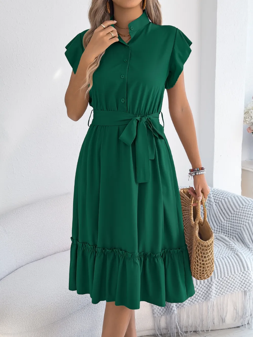 Tie Waist Ruffled Cap Sleeve Dress, image 4