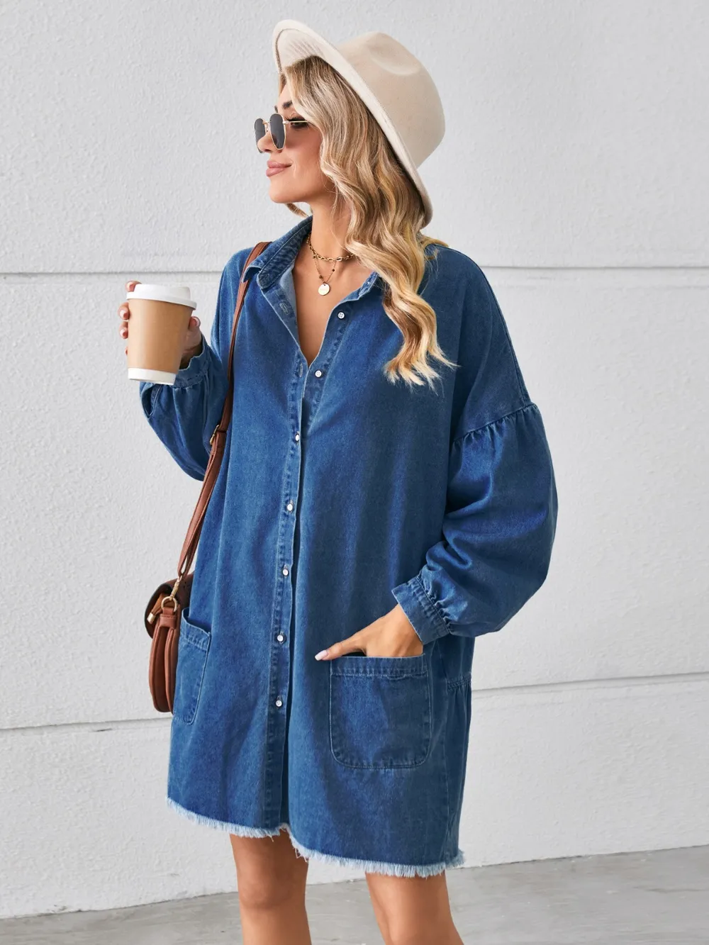 Button Up Pocketed Raw Hem Denim Dress, image 2