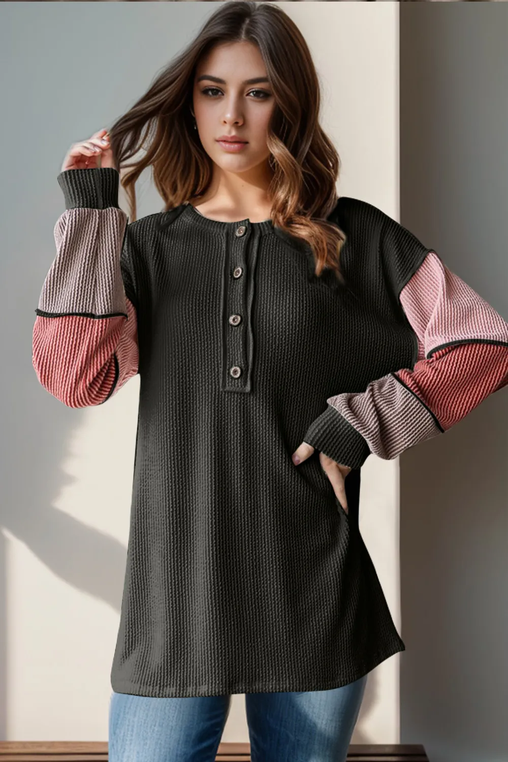 Full Size Color Block Round Neck Long Sleeve T-Shirt, image 2