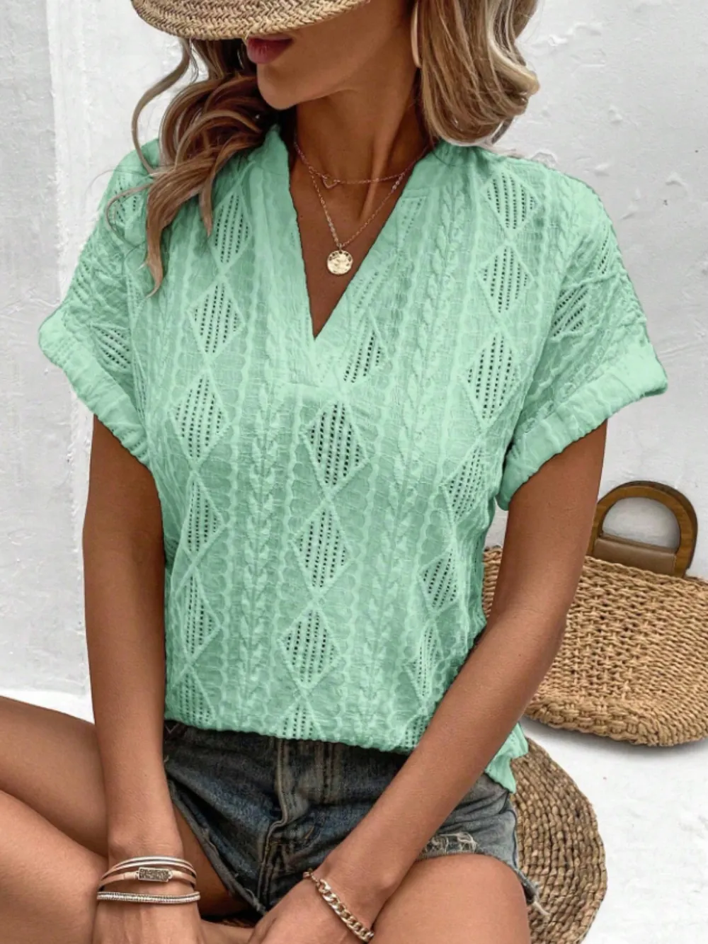 Openwork Notched Short Sleeve Blouse, image 2