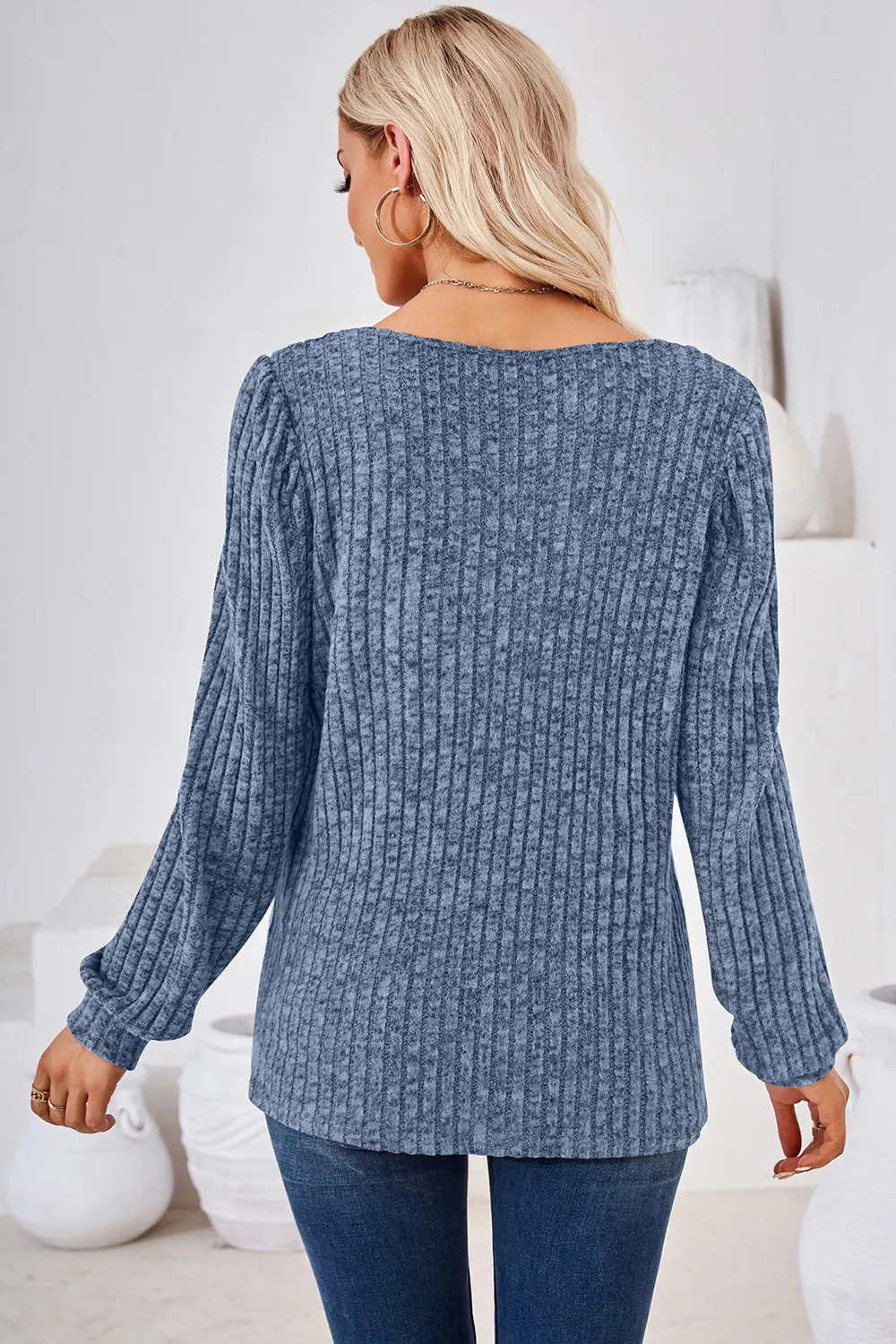 Ribbed Square Neck Long Sleeve T-Shirt, image 12