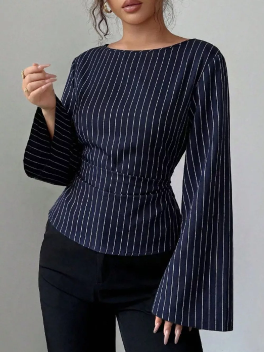 Elegant Pinstriped Bell Sleeve Blouse with Back Lace Up, image 9