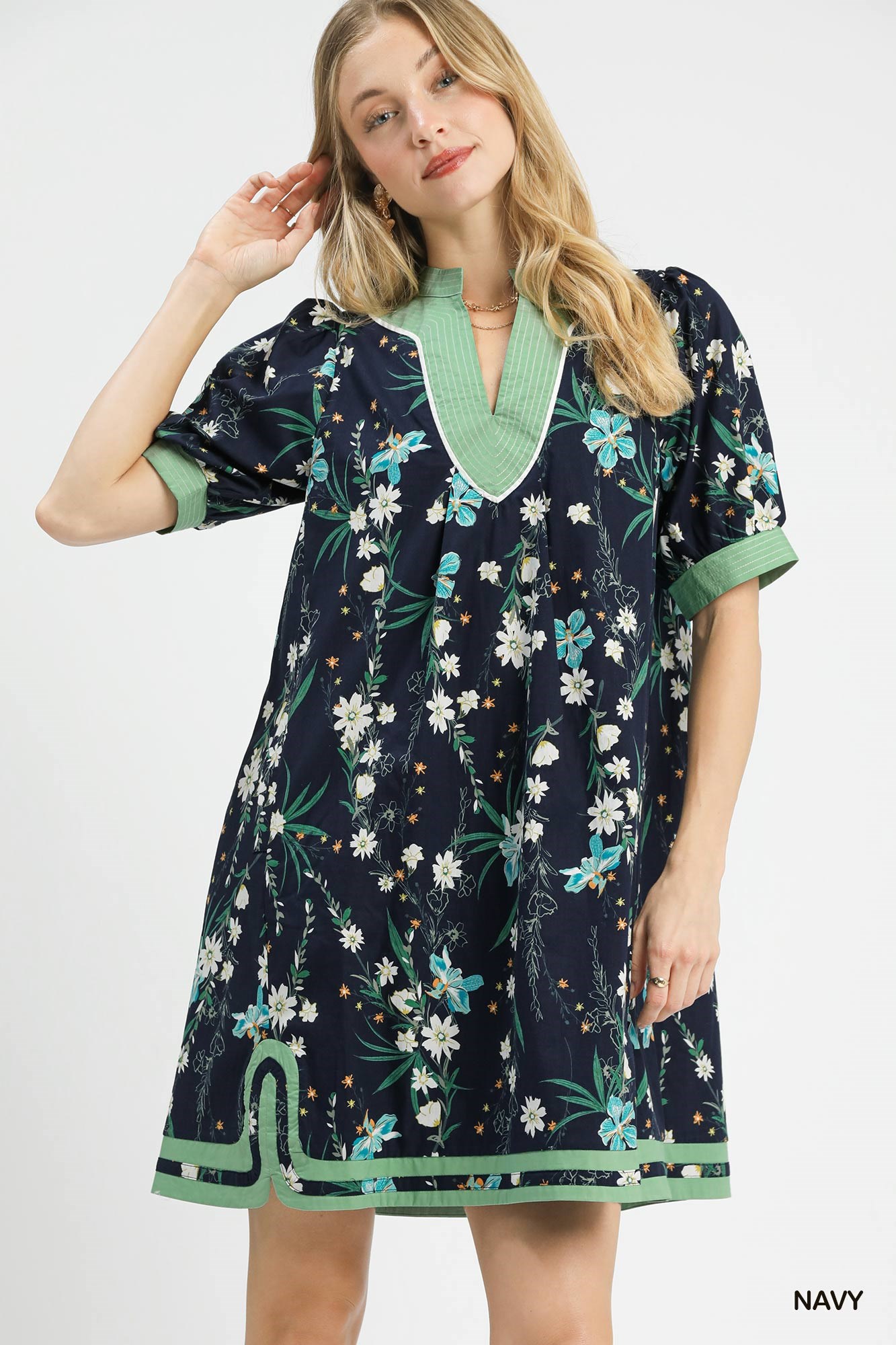 Floral Puff Sleeve Dress with Contrast Trim