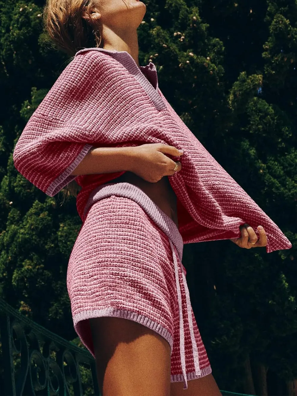 Collared Neck Contrast Striped Top and Shorts Sweater Set, image 3