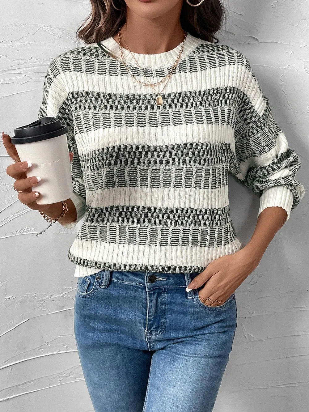 Contrast Round Neck Long Sleeve Sweater, image 2