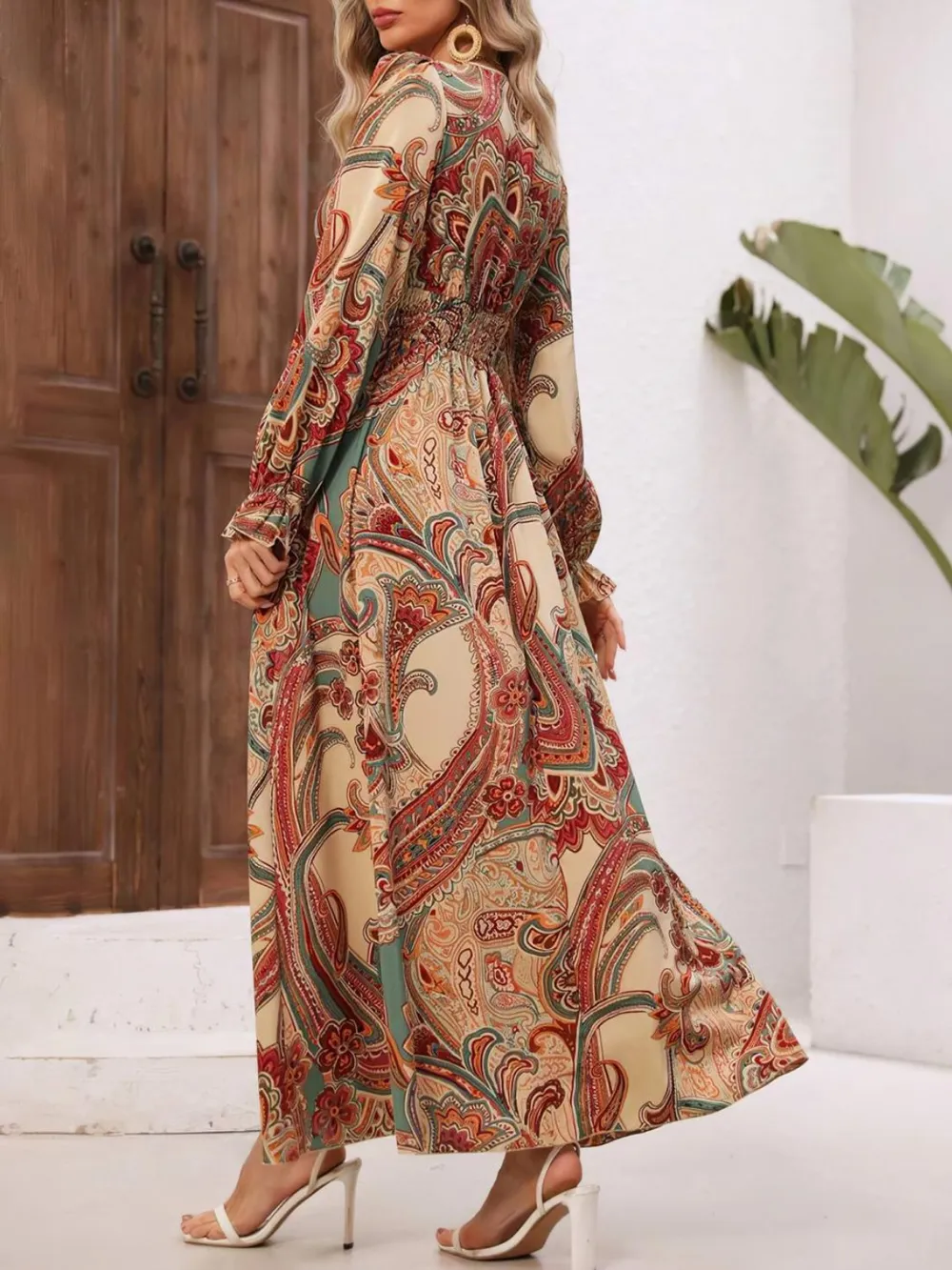 Smocked Printed V-Neck Flounce Sleeve Dress, image 3
