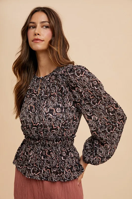 Abstract Print Balloon Sleeve Peplum Blouse, image 2
