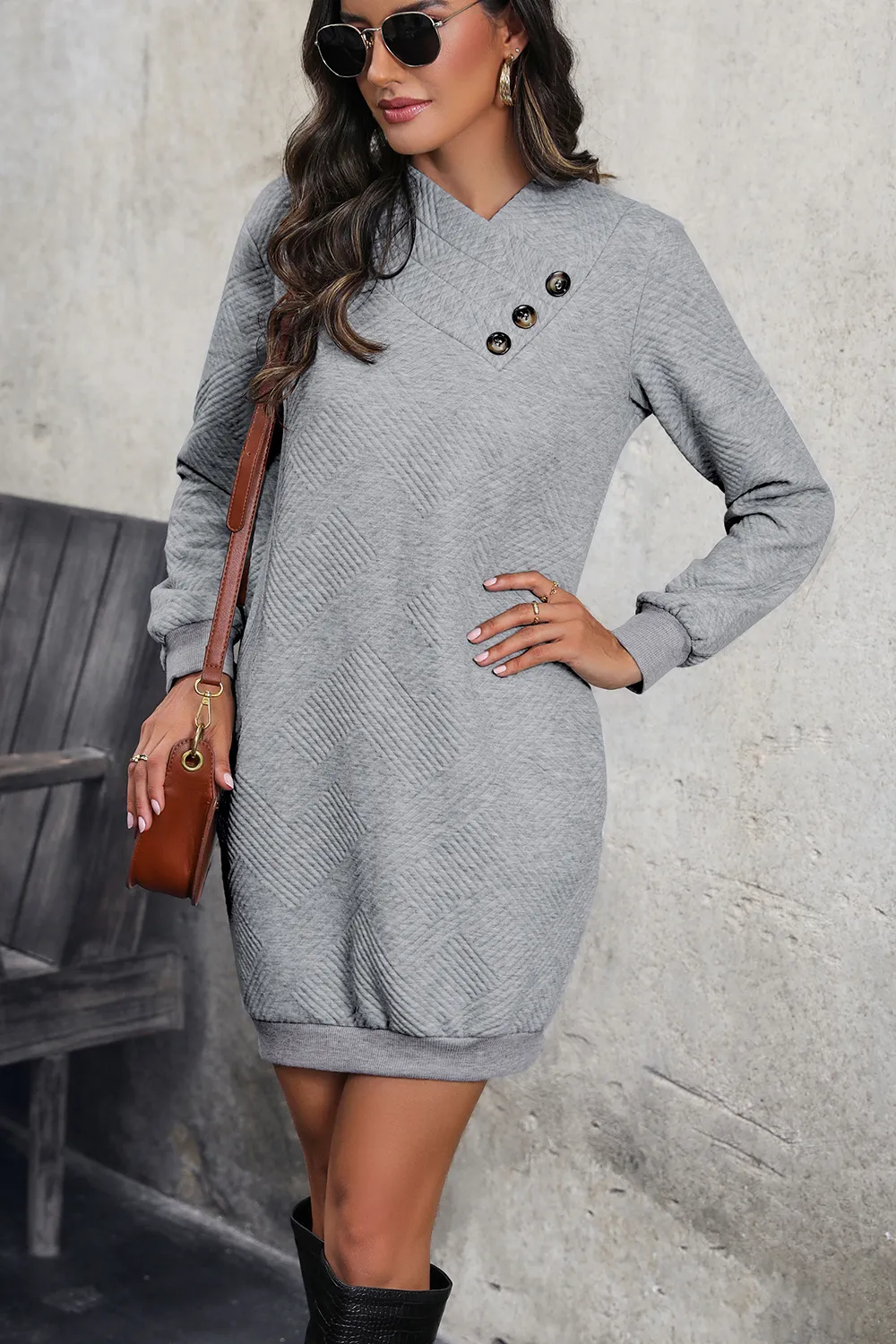 Textured Decorative Button Mini Dress, image 4
