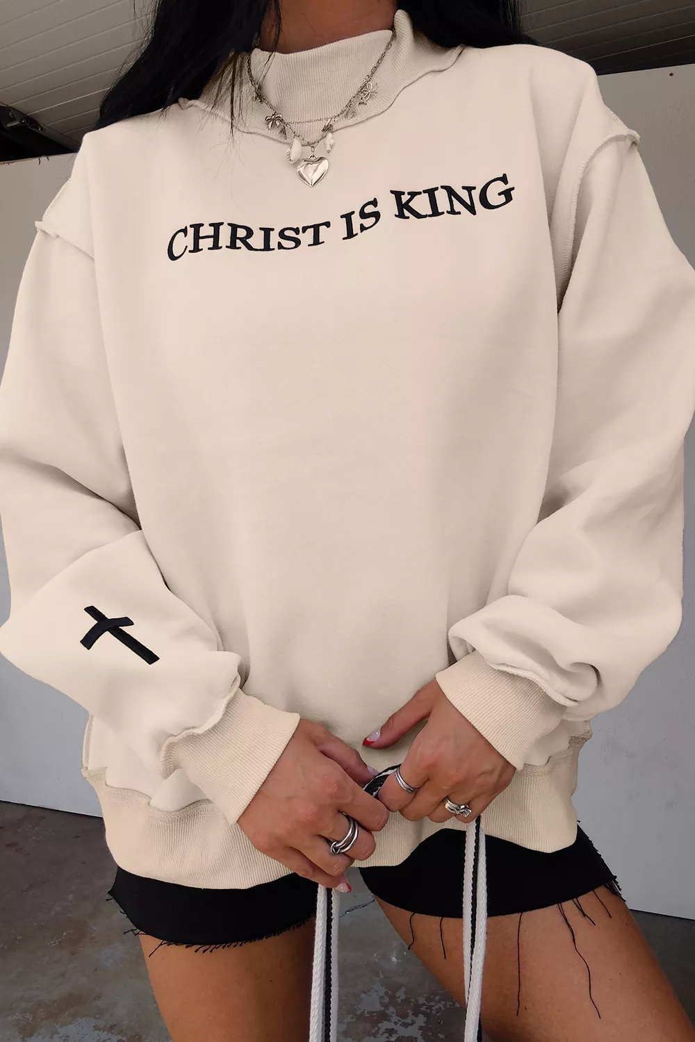 CHRIST IS KING Embroidery High Neck Baggy Sweatshirt, image 2