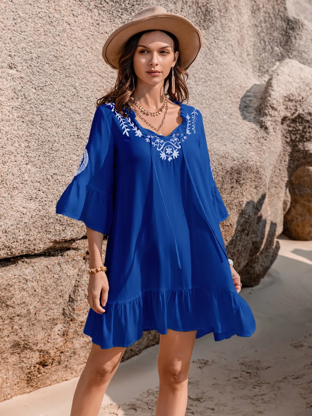 Printed Tie Neck Flounce Sleeve Mini Dress, image 3