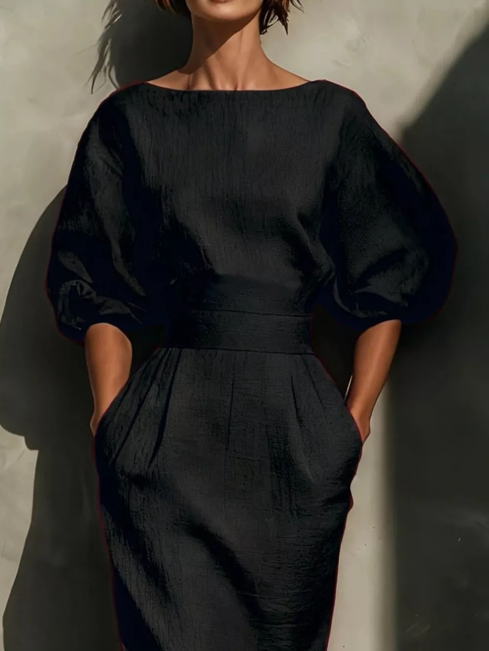 Round Neck Puff Sleeves Midi Dress, image 2