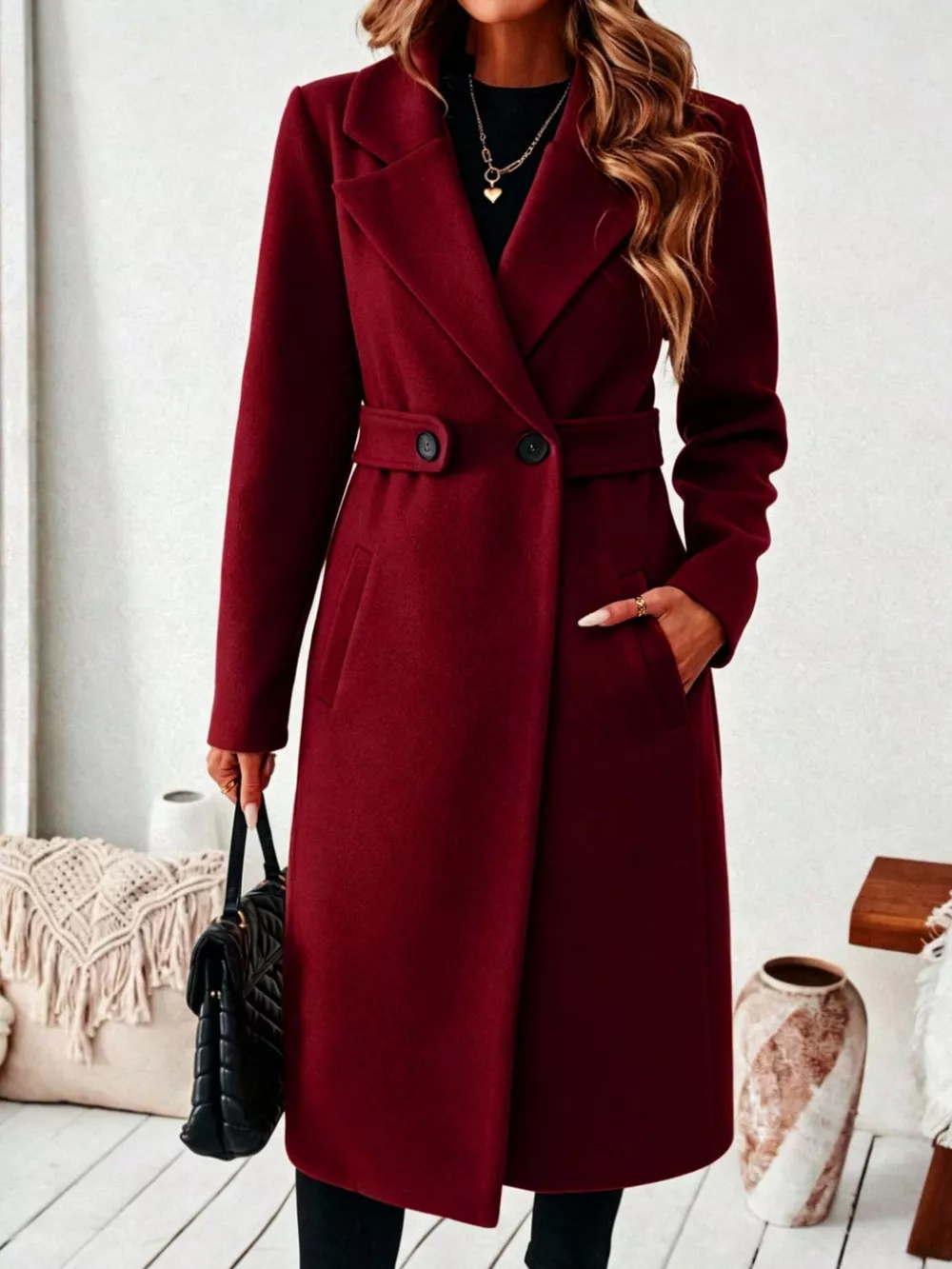 Full Size Elegant Lapel Collar Belted Coat with Pockets Plus Size, image 12