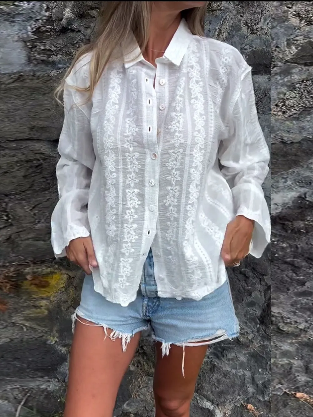 Floral Embroidered Button Down Shirt, image 3