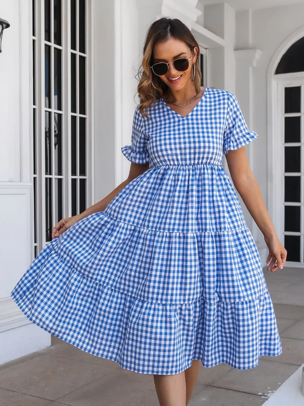 Plaid V-Neck Short Sleeve Midi Dress, image 2