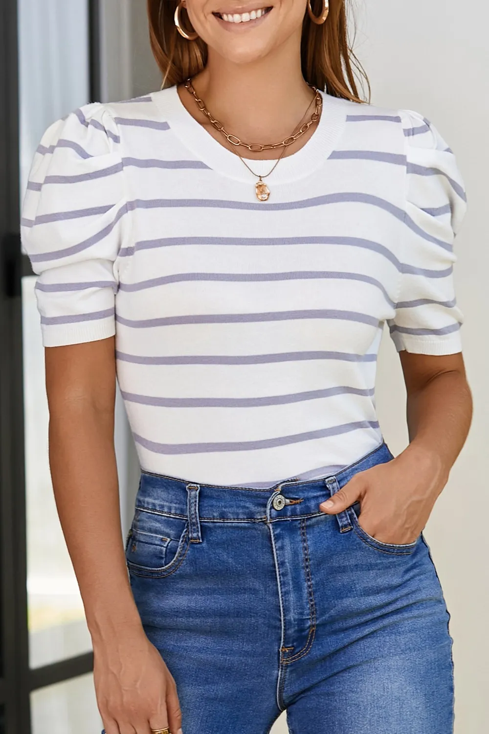 Striped Round Neck Puff Sleeve Knit Top, image 3