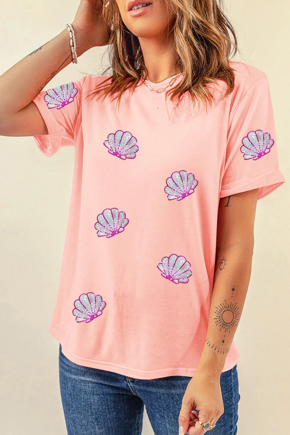 Shell Round Neck Short Sleeve T-Shirt, image 2
