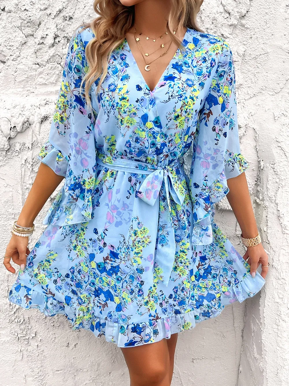 Ruffled Printed Surplice Half Sleeve Mini Dress, image 16