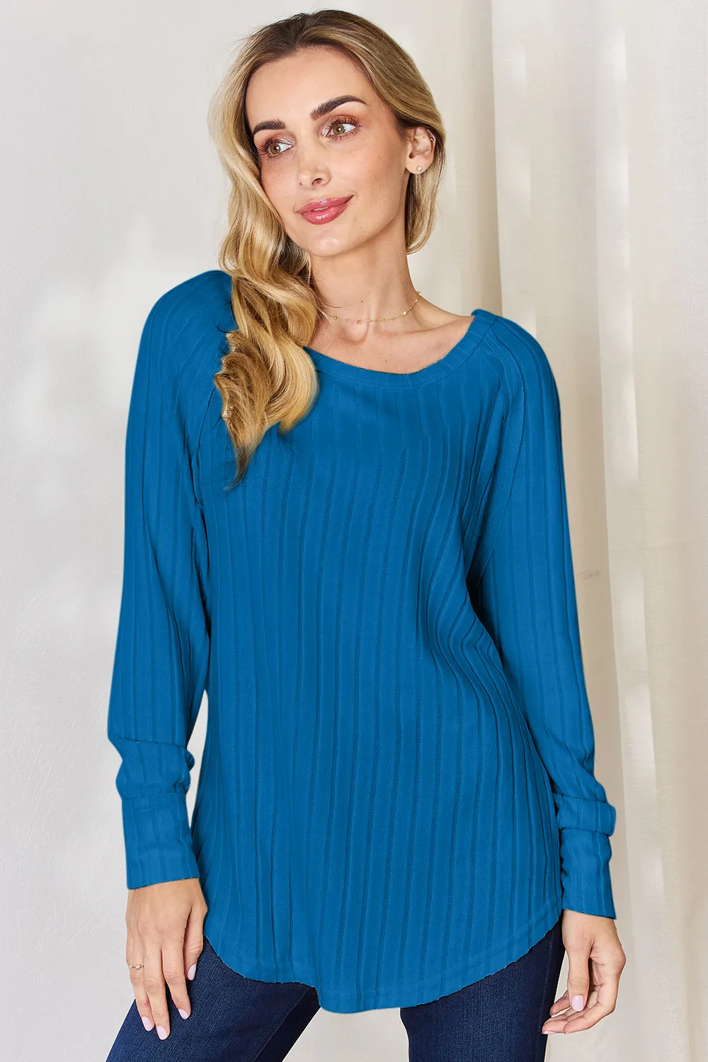 Full Size Ribbed Round Neck Slit T-Shirt, image 6