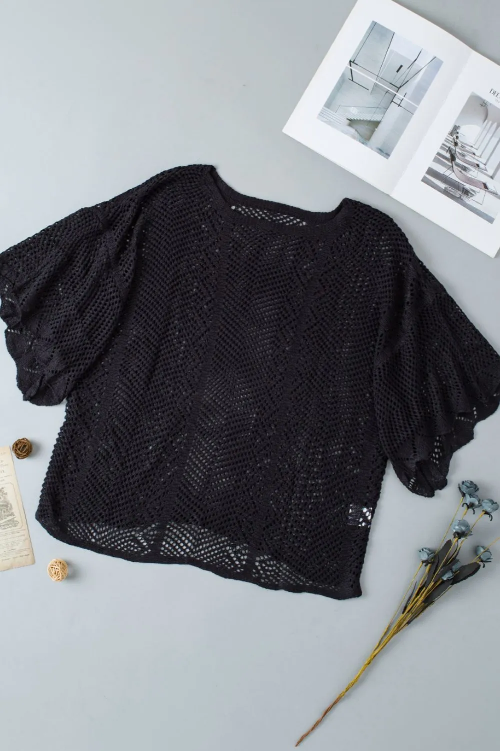 Scallop Edge Half Sleeve Pointelle Knit Top, image 4