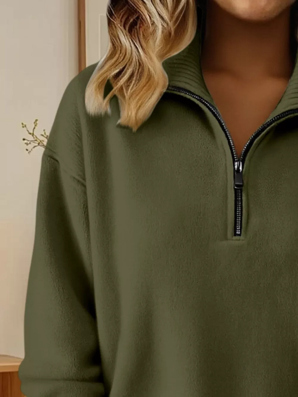 Full Size Half Zip Dropped Shoulder Sweater Plus Size, image 4
