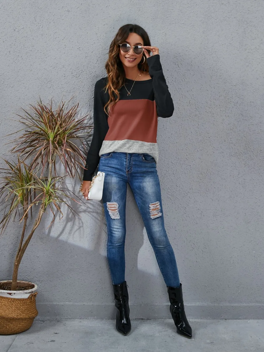 Color Block Round Neck Long Sleeve T-Shirt, image 10