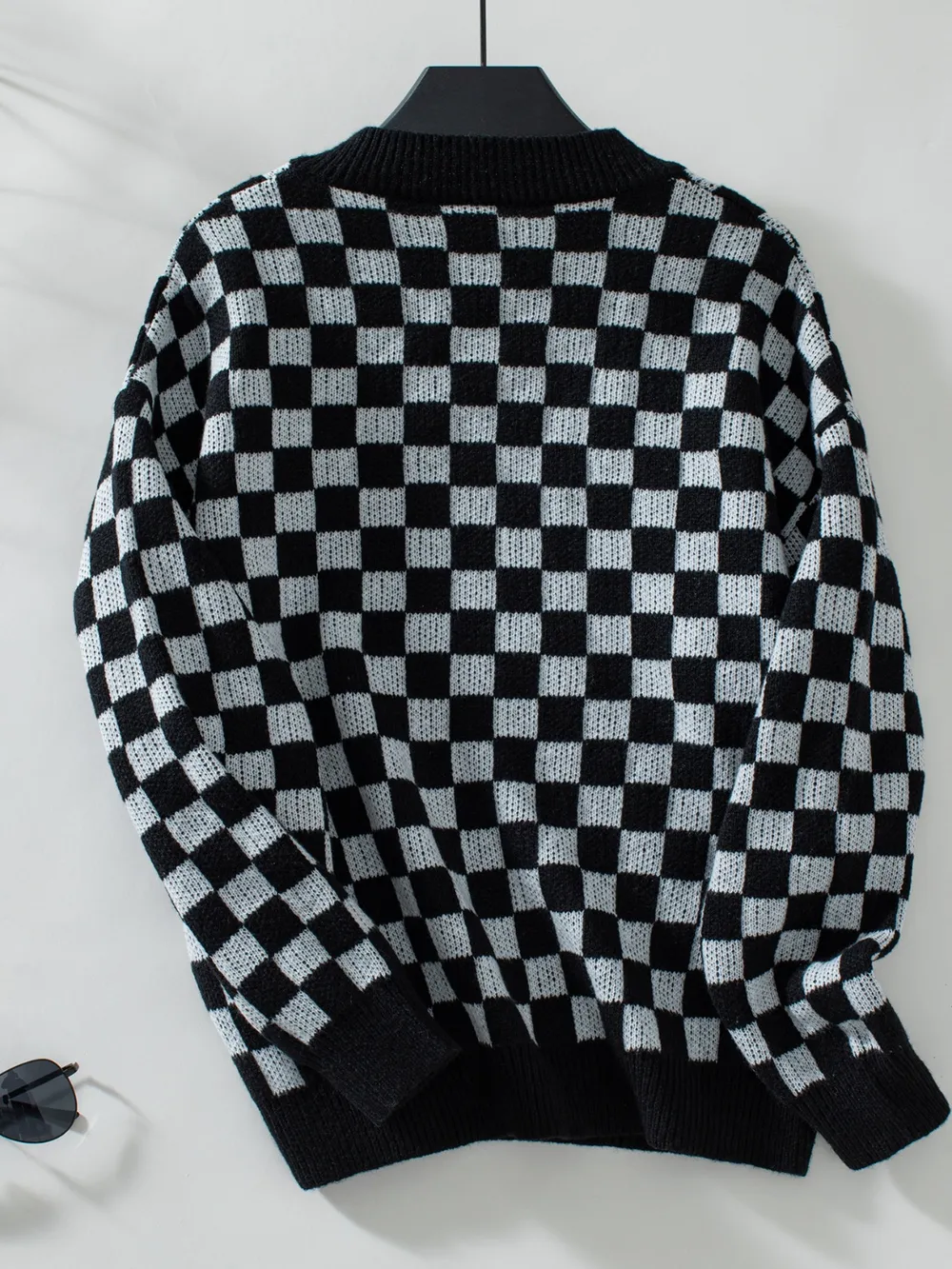 Checkered V-Neck Dropped Shoulder Sweater, image 11