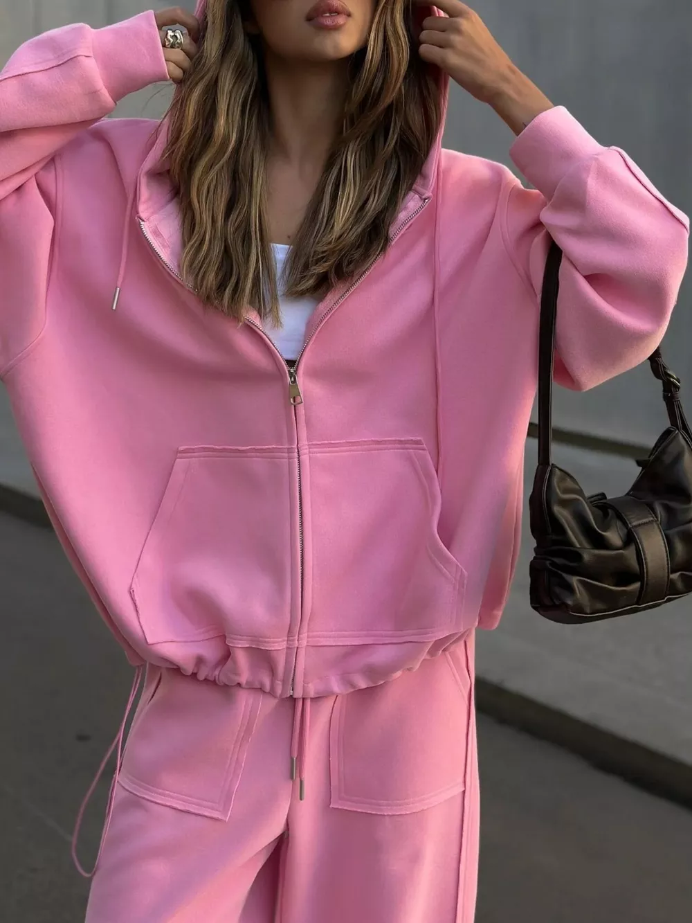 Oversized Zip-Up Hoodie and Wide-Leg Pants Set, image 16