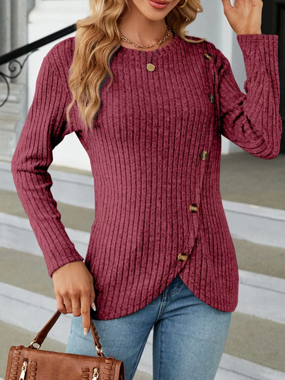 Ribbed Knit Decor Button T-Shirt, image 12