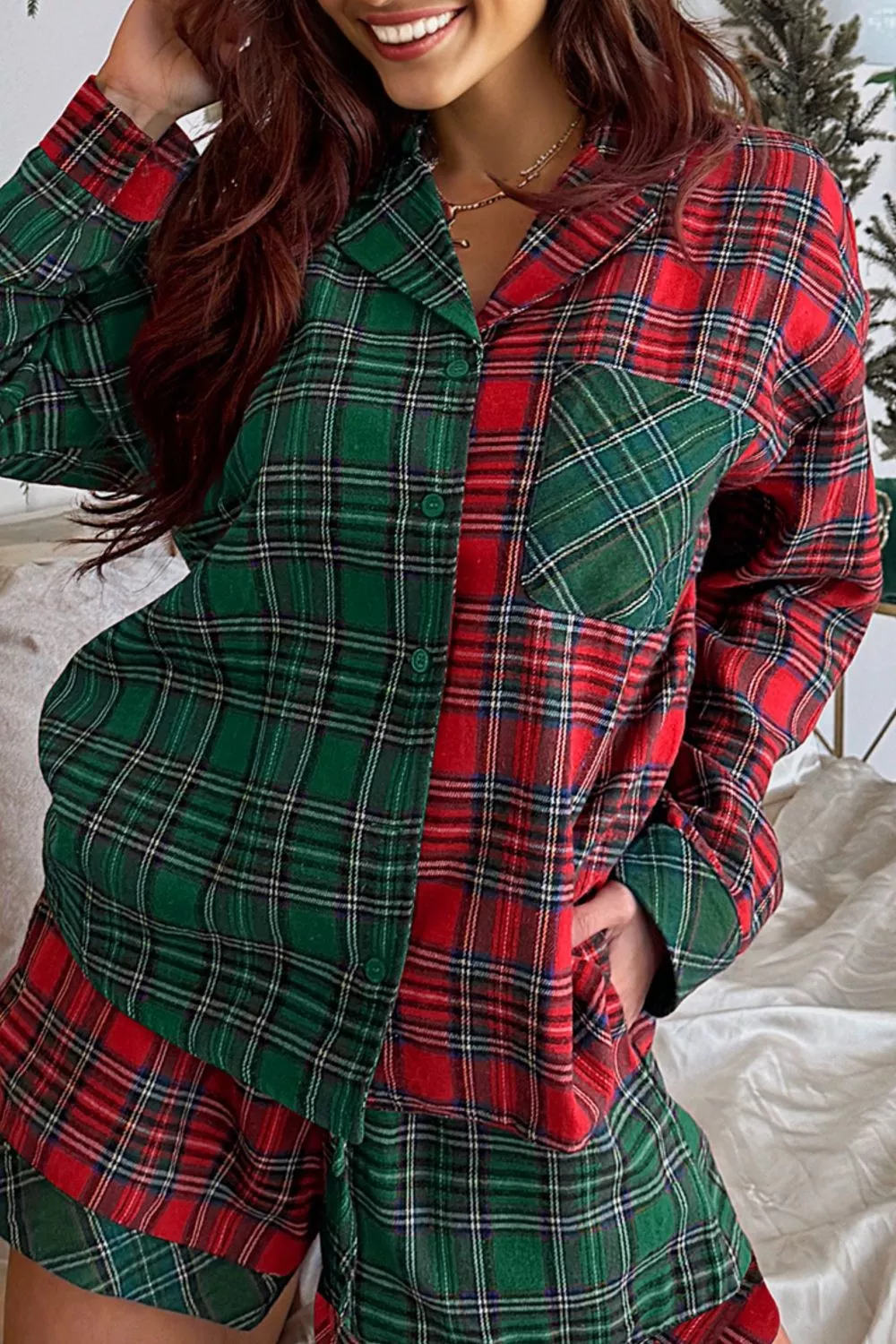 Plaid Contrast Patched Christmas Holiday Long Sleeve Shirt and Short 2pcs Pajama Set, image 12