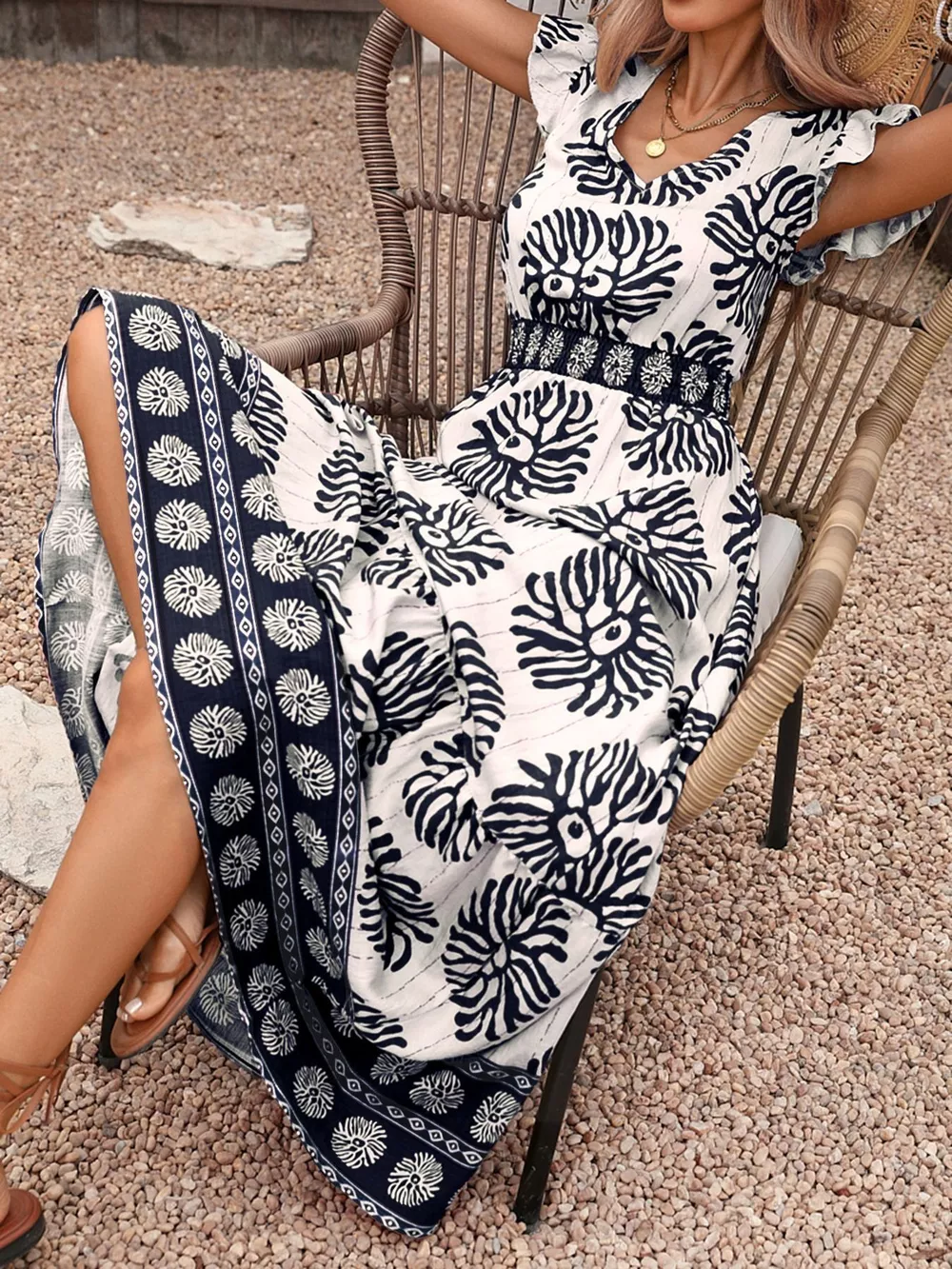 Printed V-Neck Cap Sleeve Maxi Dress, image 8