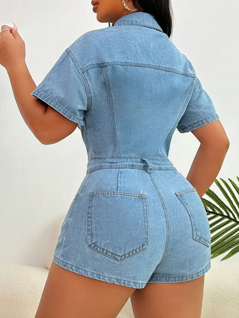 Collared Neck Short Sleeve Denim Romper, image 5