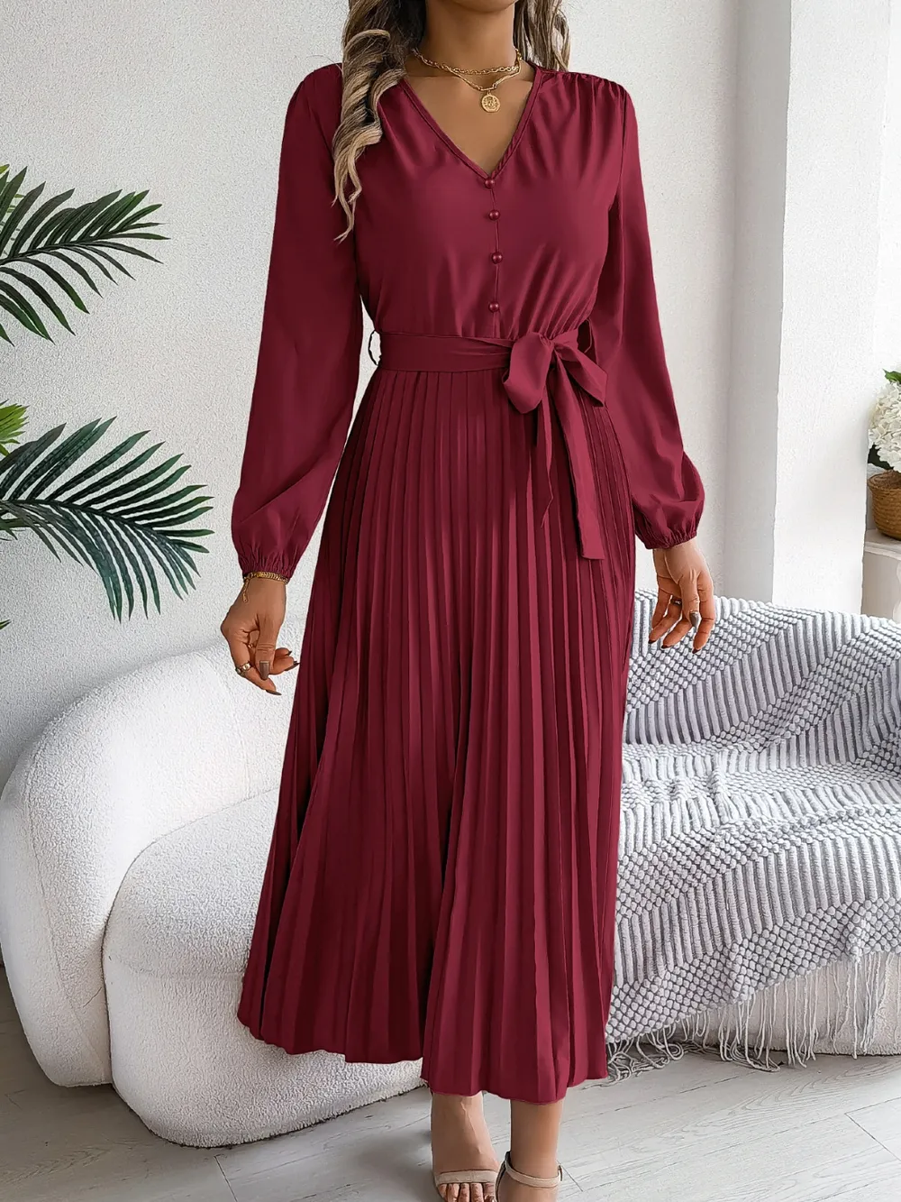 Pleated Tied V-Neck Long Sleeve Dress, image 23