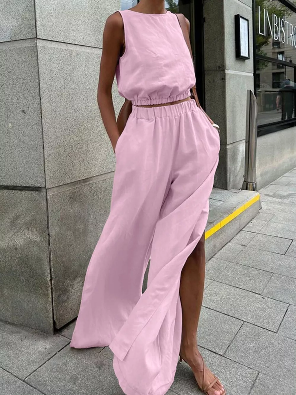 Sleeveless Crop Top and Slit Pants Set, image 3