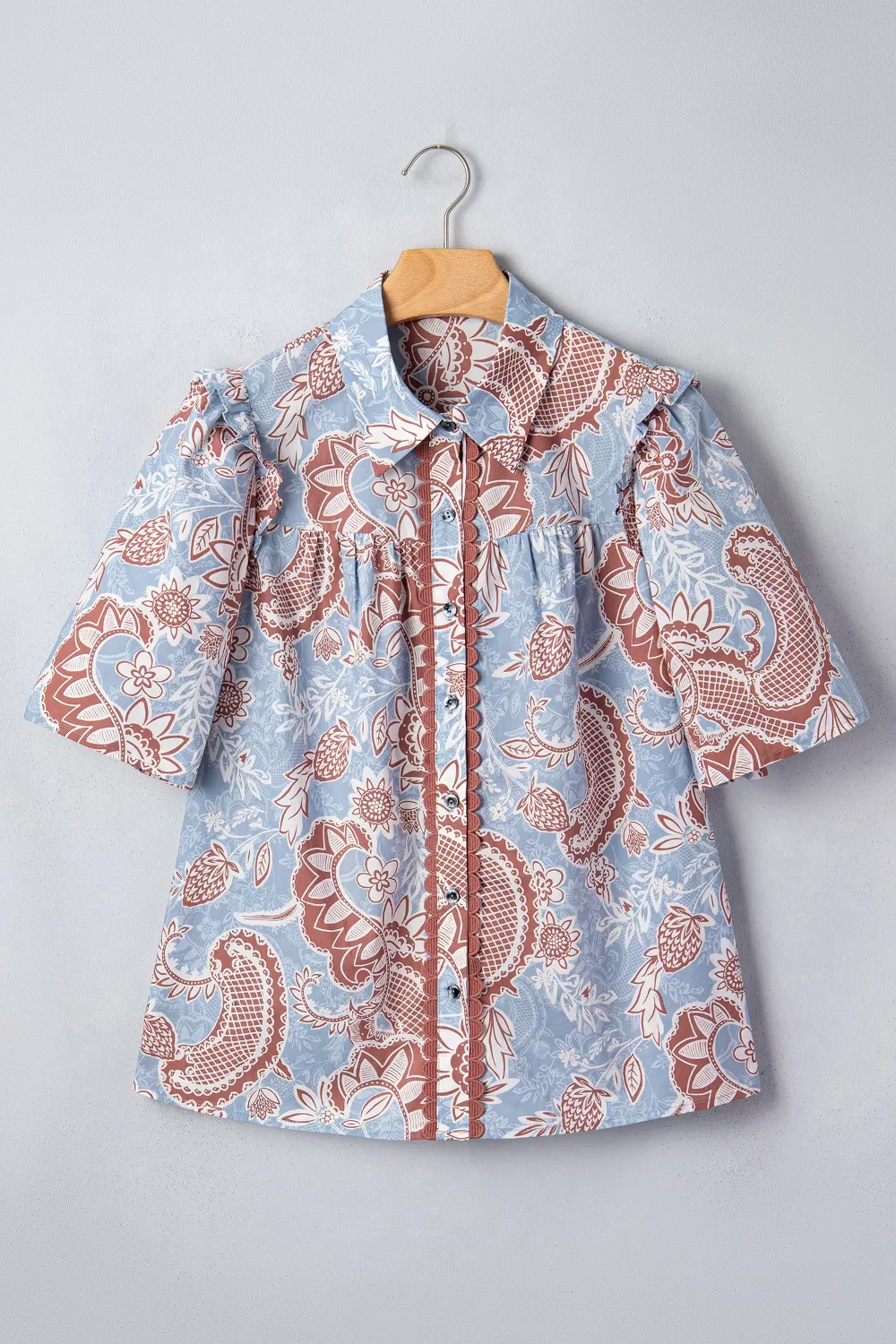 Floral Print Scalloped Trim Button Down Short Sleeve Shirt, image 5