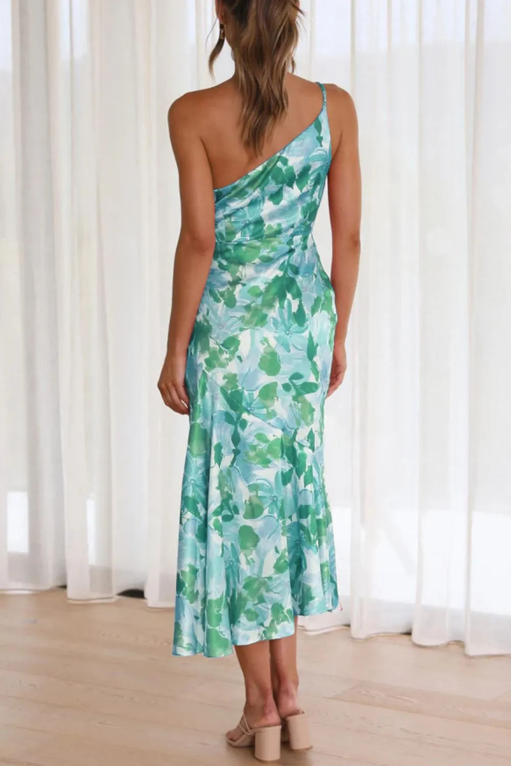 Ruched Printed Single Shoulder Midi Dress, image 2
