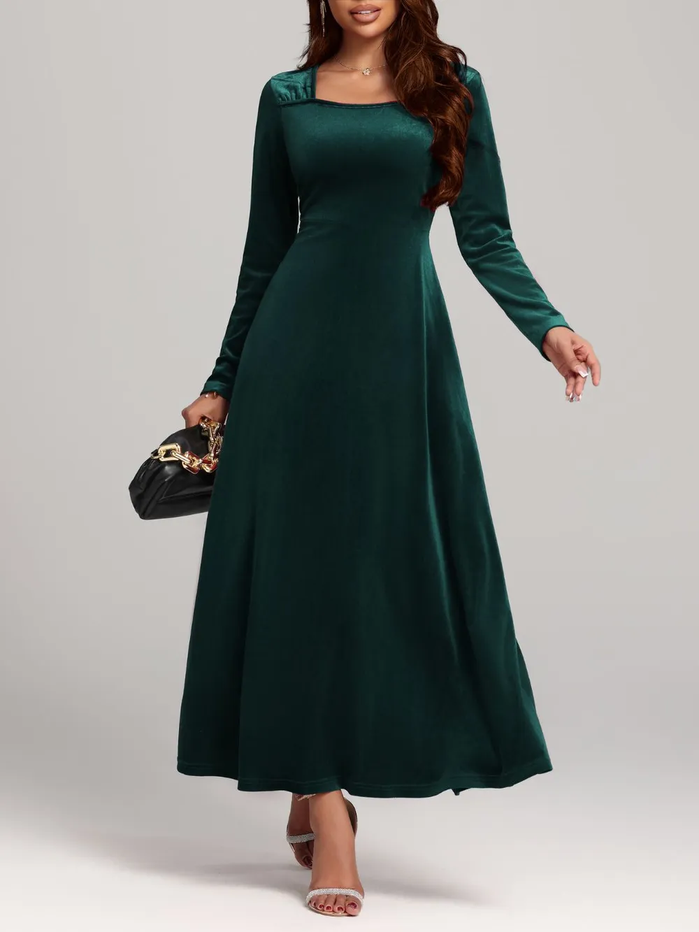 Square Neck Long Sleeve Velvet Dress, image 13