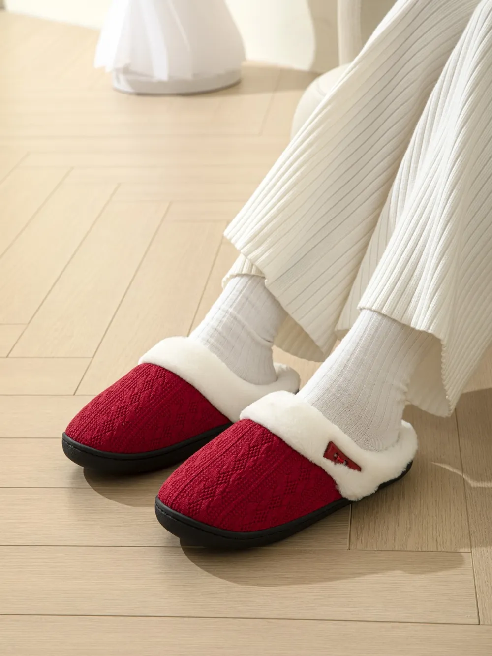 Horn Buckle Furry Texture Flat Slippers, image 5