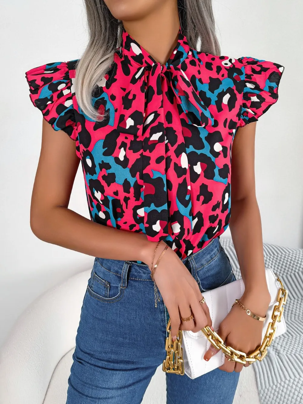 Leopard Tie Neck Cap Sleeve Blouse, image 3