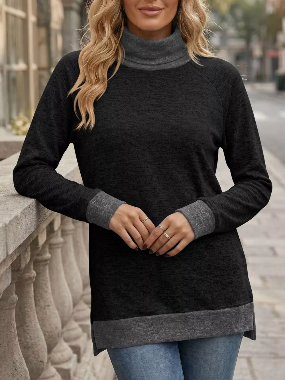 Turtleneck Raglan Sleeve T-Shirt, image 7