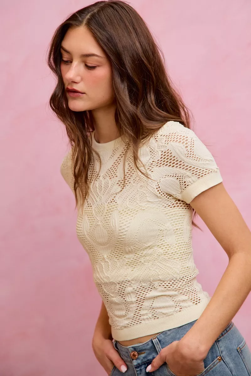 Floral Perforated Seamless Active Short Sleeve Top, image 6