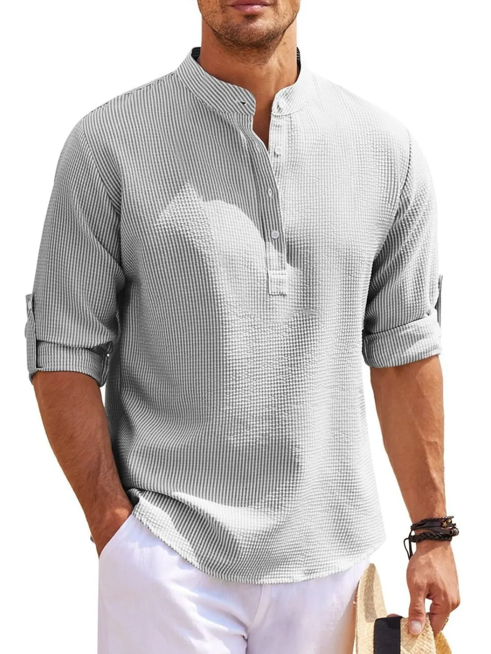 Men's Full Size Button Detail Long Sleeve Top Plus Size, image 2