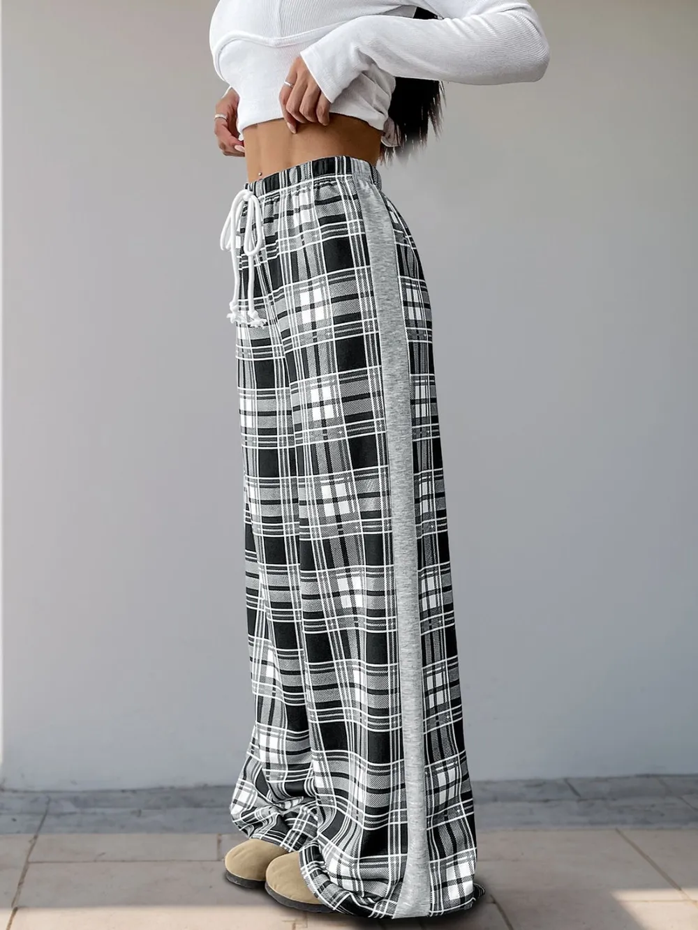 Drawstring Plaid Wide Leg Pants, image 2